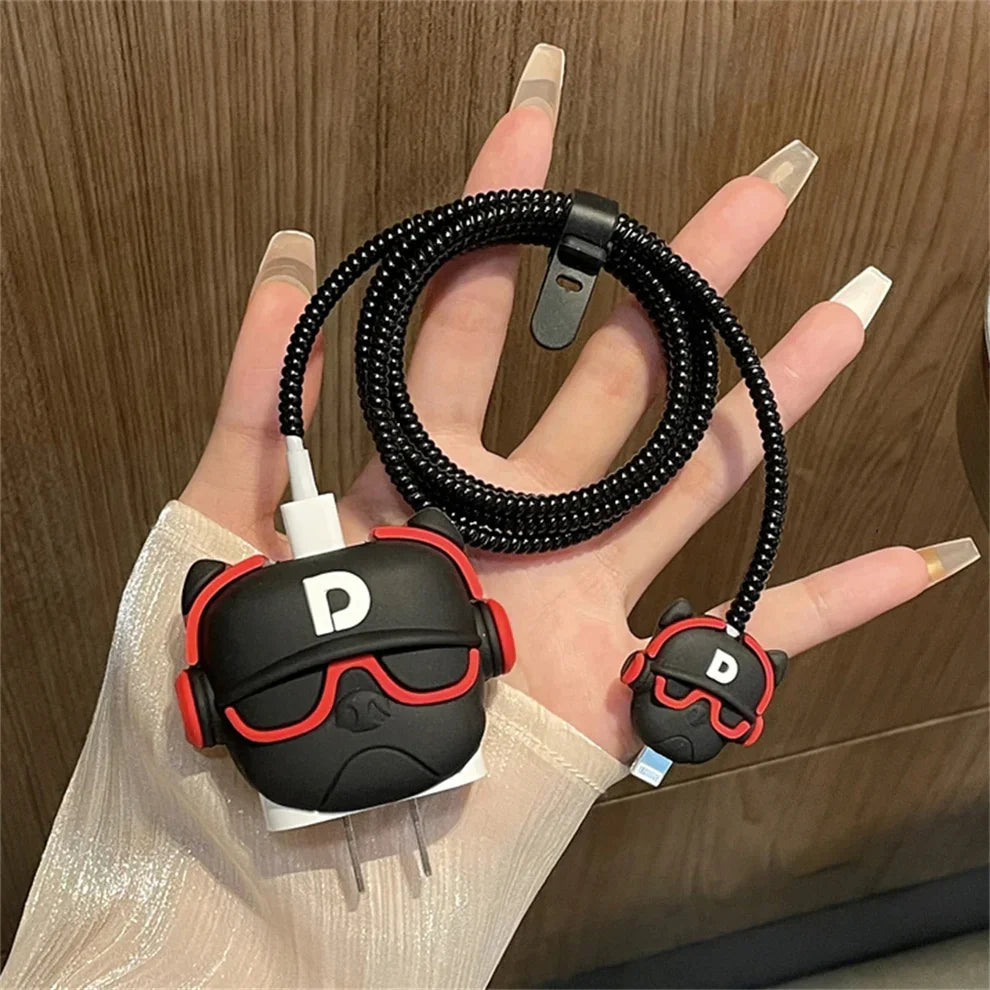 Iphone Charger Case Cover - Trendy dog (Red) - 4 Piece Set (With Wire Protector)