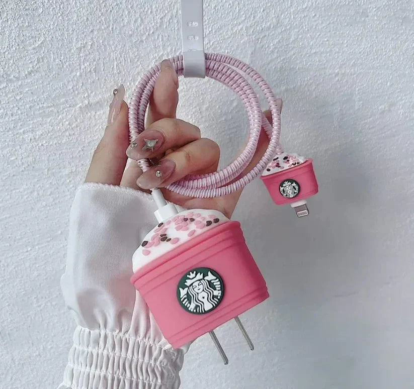 Iphone Charger Case Cover - Pink Starbuck - 4 Piece Set (With Wire Protector)