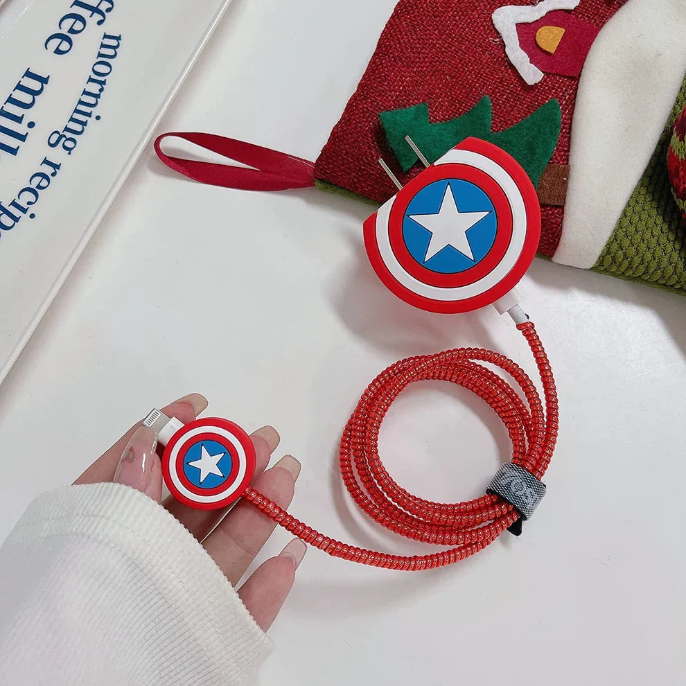 Iphone Charger Case Cover - Captain America Shield - 4 Piece Set (With Wire Protector)