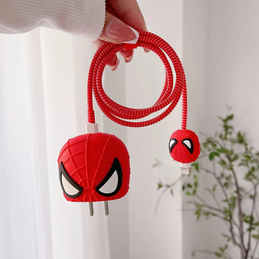 Iphone Charger Case Cover - Spiderman - 4 Piece Set (With Wire Protector)