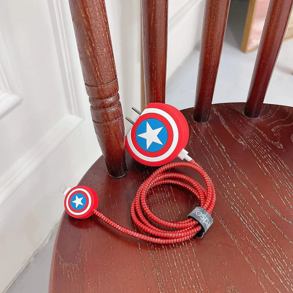 Iphone Charger Case Cover - Captain America Shield - 4 Piece Set (With Wire Protector)